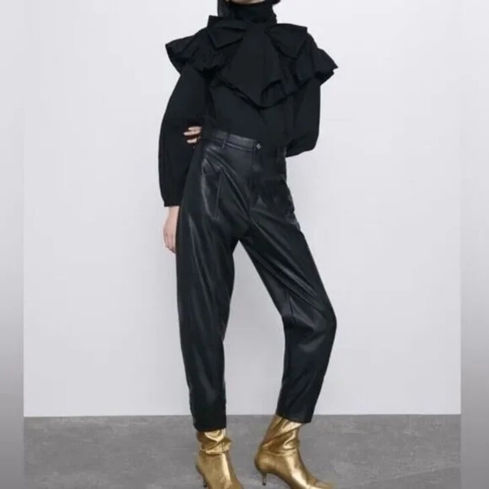 Zara Black Faux Leather 80's Corsy Pants Size 2